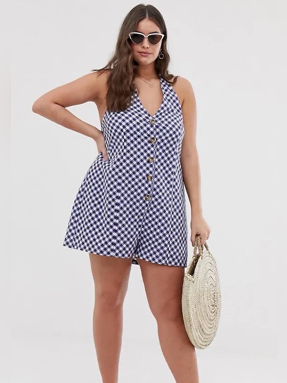 ASOS Gingham Blue White Romper Plus US 20 Halter Button 100% Cotton Sleeveless